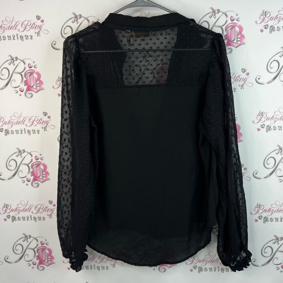 Laundry By Shelli Segal long sleeve dotted Polka dot buttons Black Sheer Blouse - Picture 2 of 13